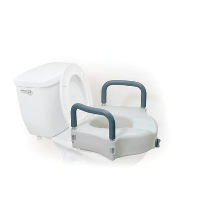 Drive Medical Two-in-One Locking Raised Toilet Seat attached to a toilet. It has gray handles for support and added height.