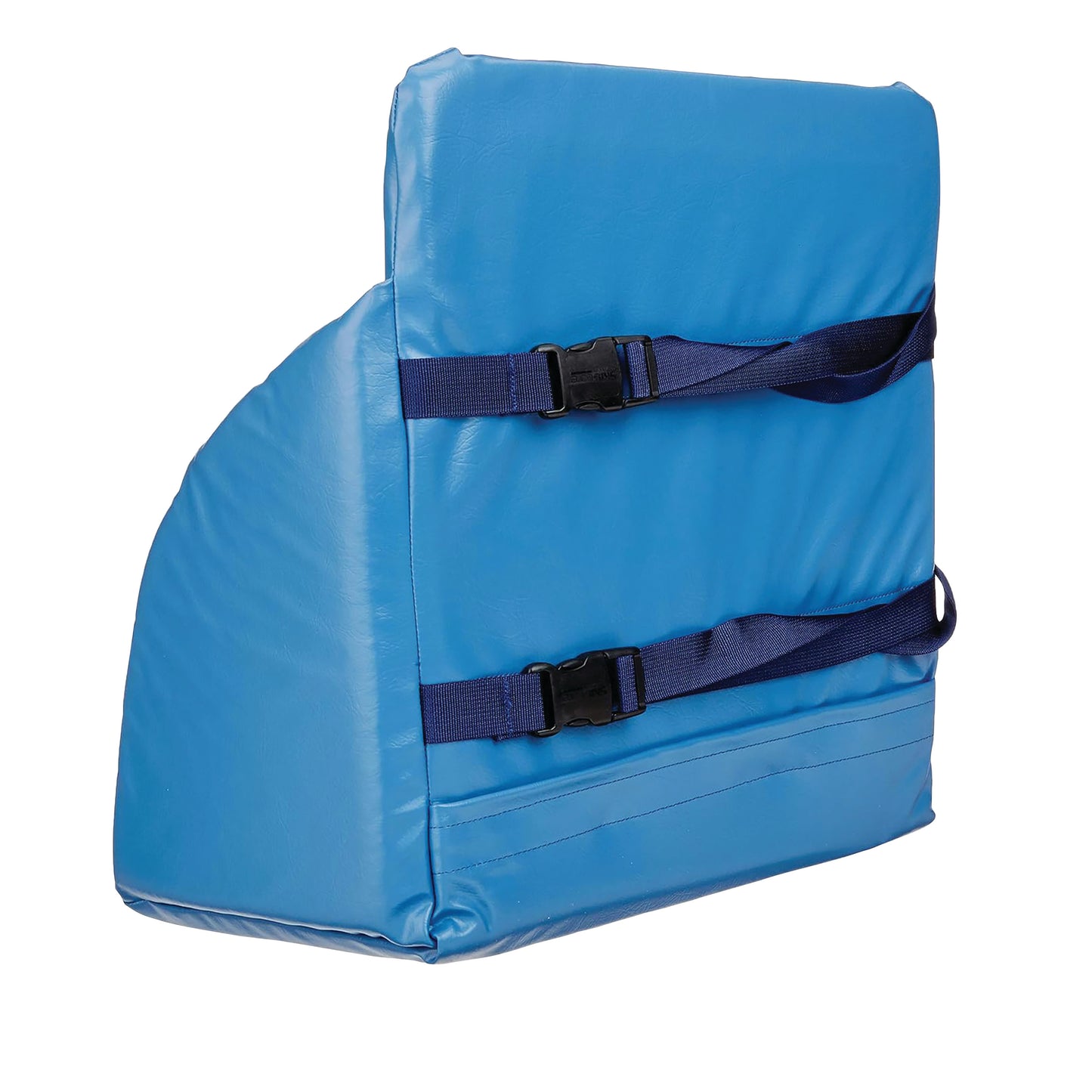 The SkiL-Care Geri-Chair Foot Cradle is a blue padded cushion with adjustable black straps for securing to a chair.