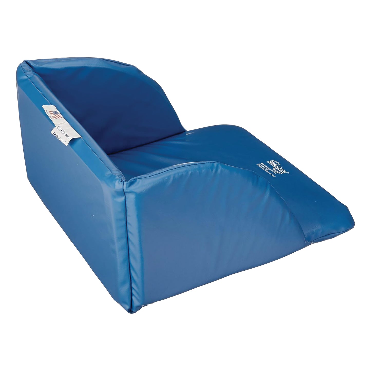 Blue SkiL-Care Geri-Chair Foot Cradle, designed for comfort and support with padded sides and a sloped surface.