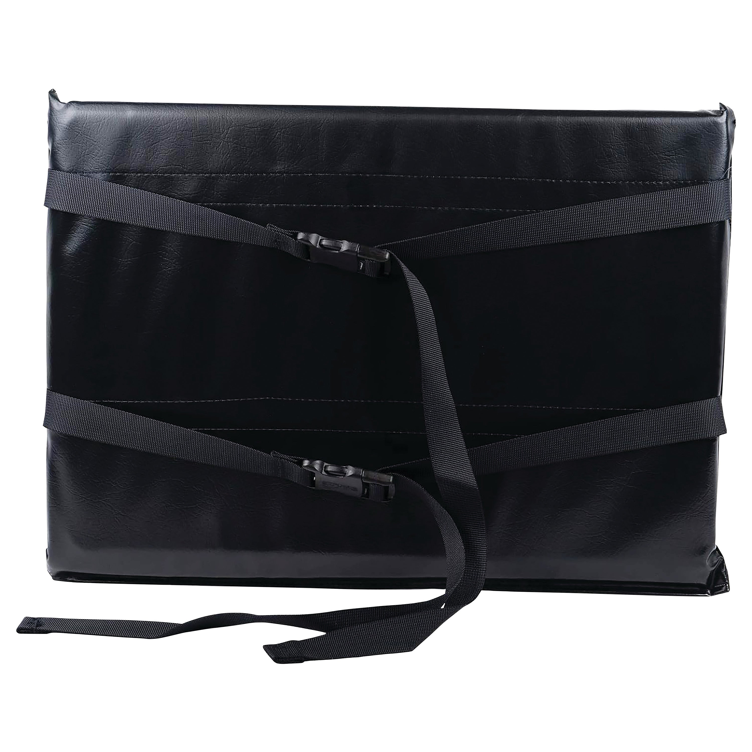 A SkiL-Care Wheelchair Leg Support with black leather-look material, featuring adjustable straps and buckles for attachment.