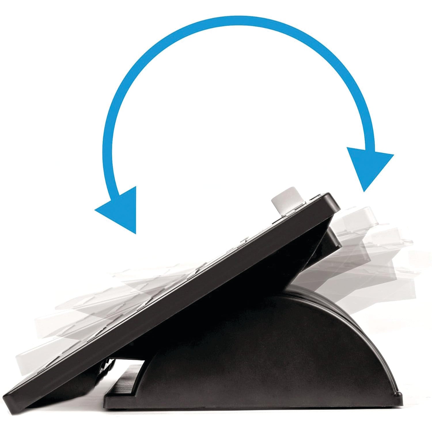 Side view of an 'Adjustable Footrest with Microban' showing its tilt mechanism, with two blue arrows indicating adjustability.