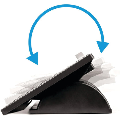 Side view of an 'Adjustable Footrest with Microban' showing its tilt mechanism, with two blue arrows indicating adjustability.