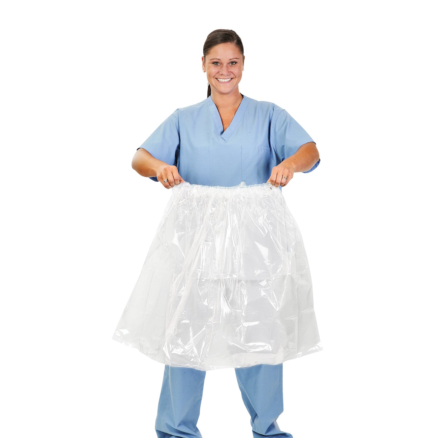 A person wearing blue scrubs holds an AliMed AliBag, a large clear plastic disposable bag, against a white background.