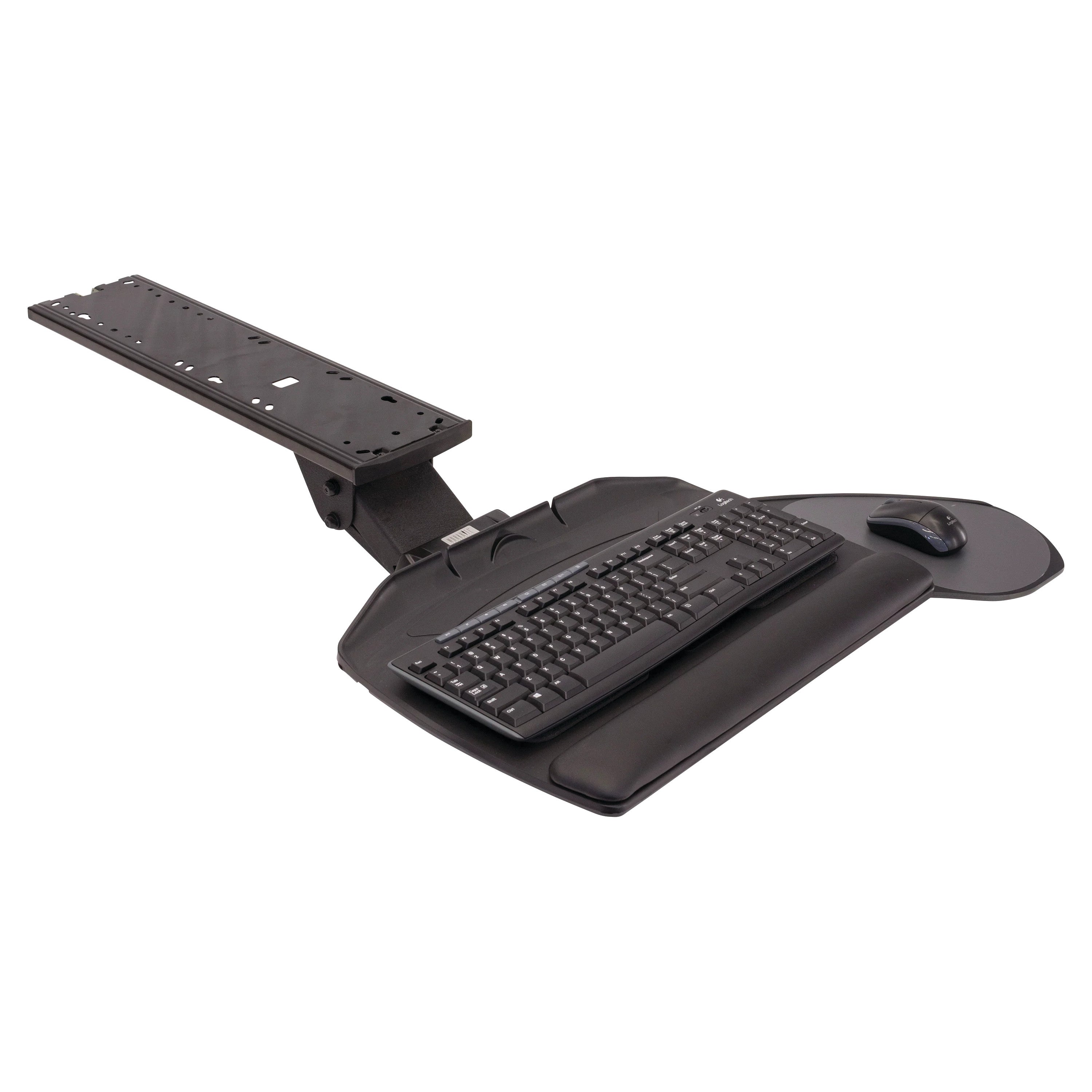 A Banana-Board Keyboard Tray with an adjustable arm, holding a keyboard and mouse on a curved platform with wrist support.