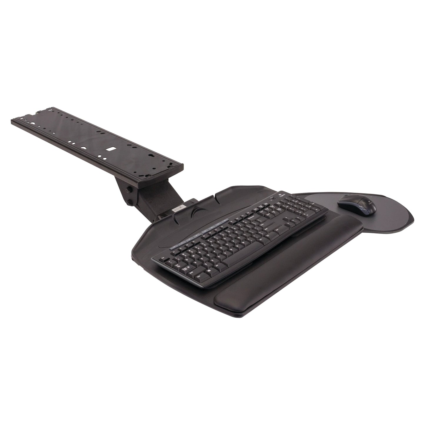 A Banana-Board Keyboard Tray with an adjustable arm, holding a keyboard and mouse on a curved platform with wrist support.