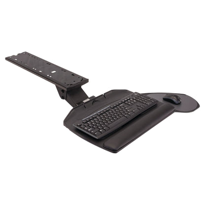 A Banana-Board Keyboard Tray with an adjustable arm, holding a keyboard and mouse on a curved platform with wrist support.