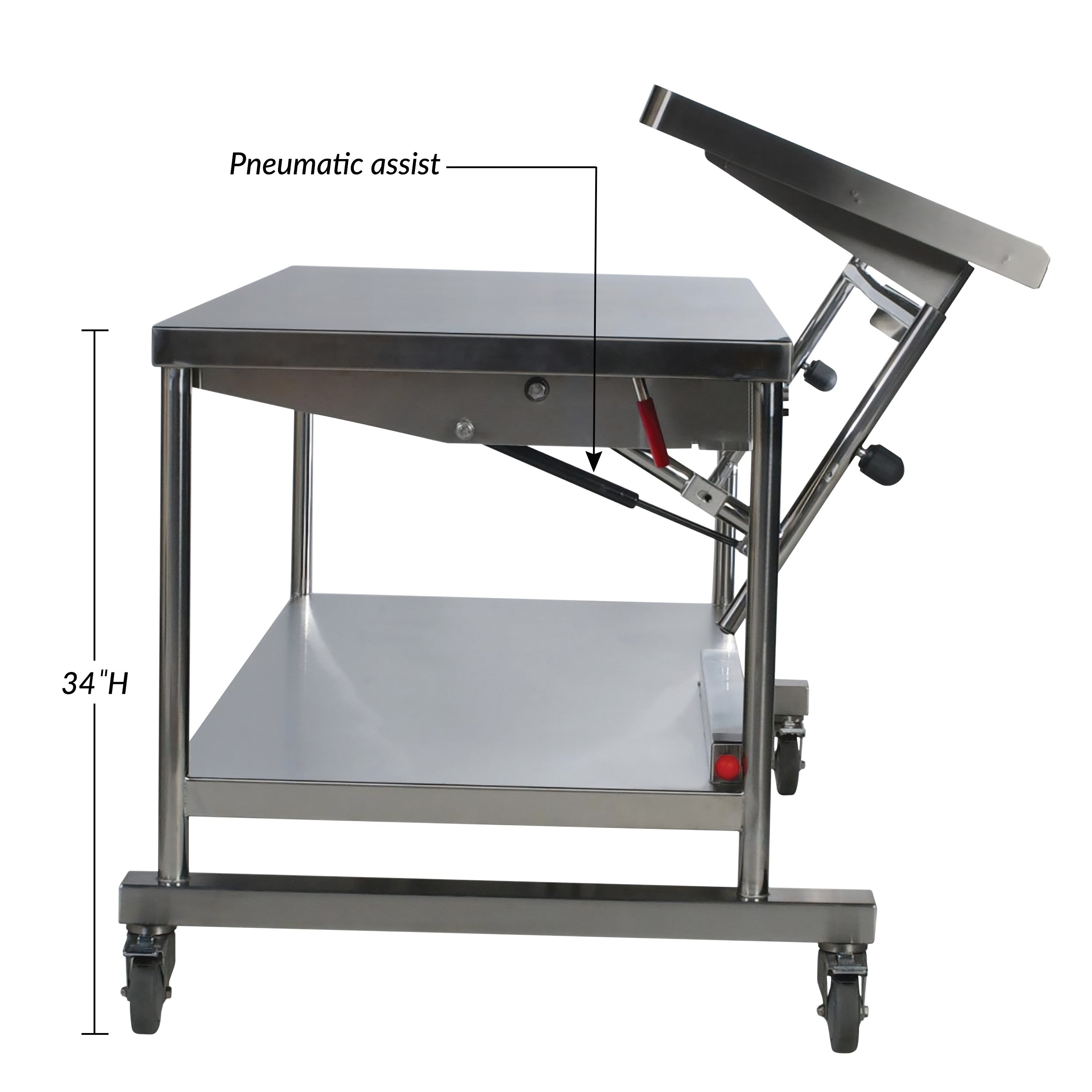 Side view of a Pedigo Space Station with pneumatic assist, measuring 34 inches high, featuring a tilting top and caster wheels.