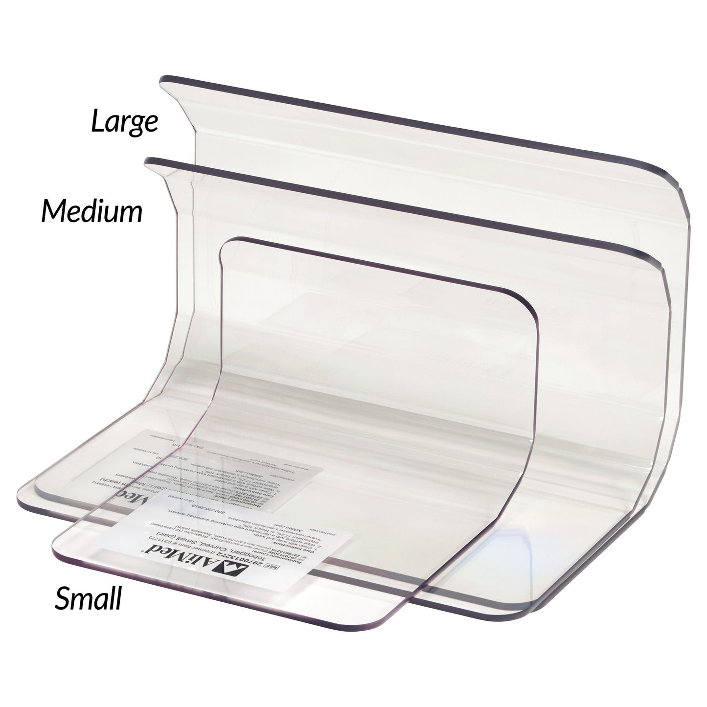 Three transparent plastic shields labeled large, medium, and small. These are AliMed Curved Toboggan Arm/Leg Guards.