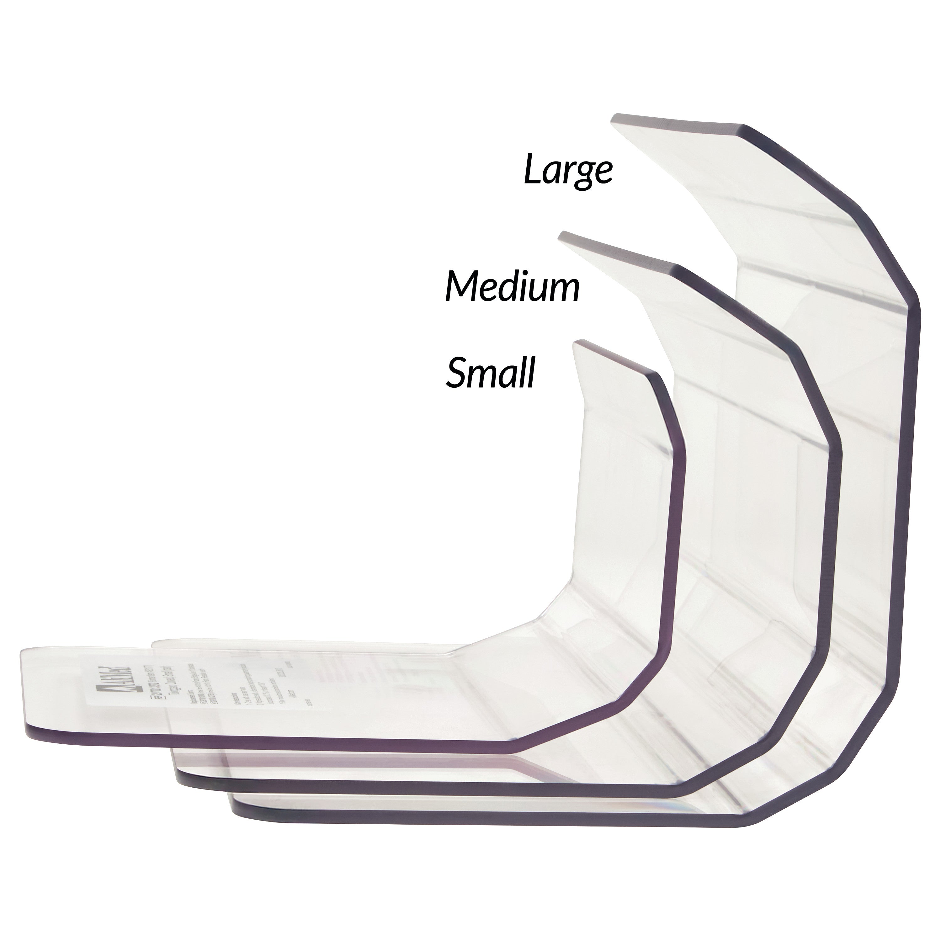 Three transparent AliMed Curved Toboggan Arm/Leg Guards are shown, labeled as large, medium, and small, nested together.