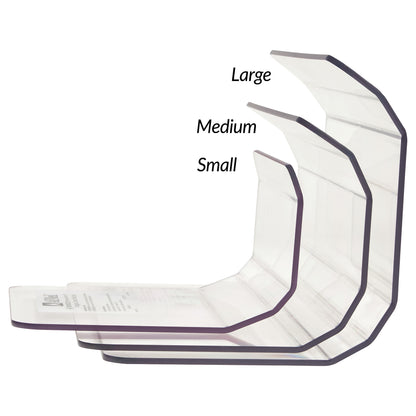Three transparent AliMed Curved Toboggan Arm/Leg Guards are shown, labeled as large, medium, and small, nested together.