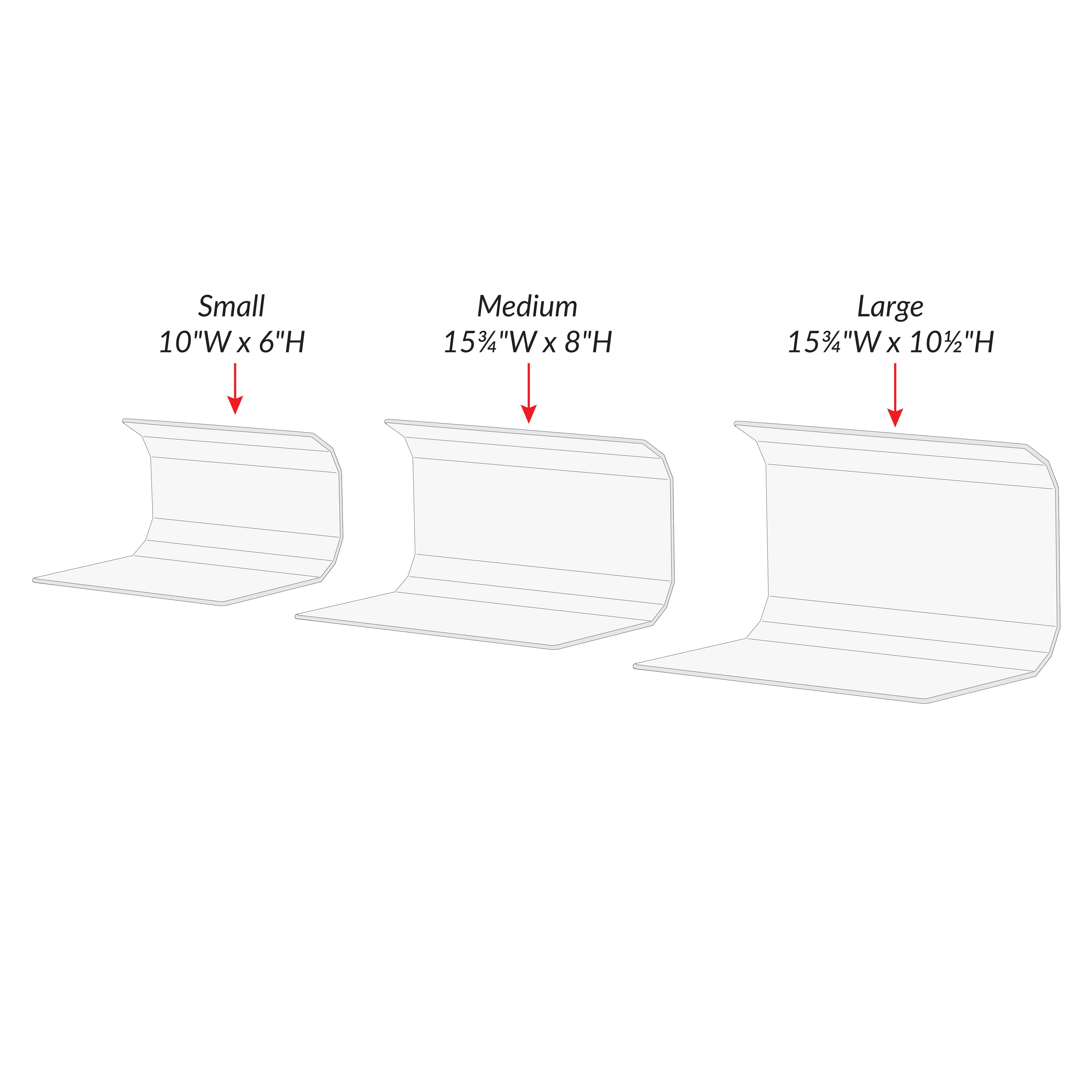 Three sizes of AliMed Curved Toboggan Arm/Leg Guard are shown: Small (10"W x 6"H), Medium (15"W x 8"H), Large (15"W x 10"H).