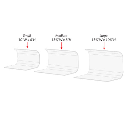 Three sizes of AliMed Curved Toboggan Arm/Leg Guard are shown: Small (10"W x 6"H), Medium (15"W x 8"H), Large (15"W x 10"H).