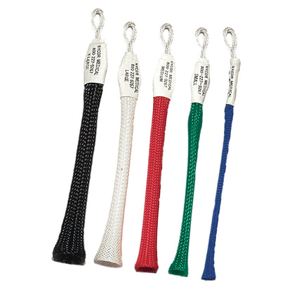 Five AliMed Autoclavable Soft Touch Single Finger Traps in black, white, red, green, and blue with metal loops on top.