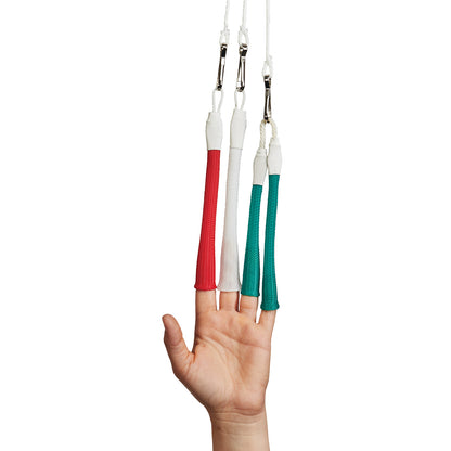 A hand is shown with fingers in the AliMed Autoclavable Soft Touch Single Finger Traps, which are red, white, and green, hanging from clips.
