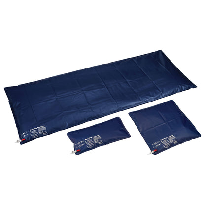 Three AliMed Universal Bean Bag Positioners in different sizes, made of dark blue material with labeled instructions visible.