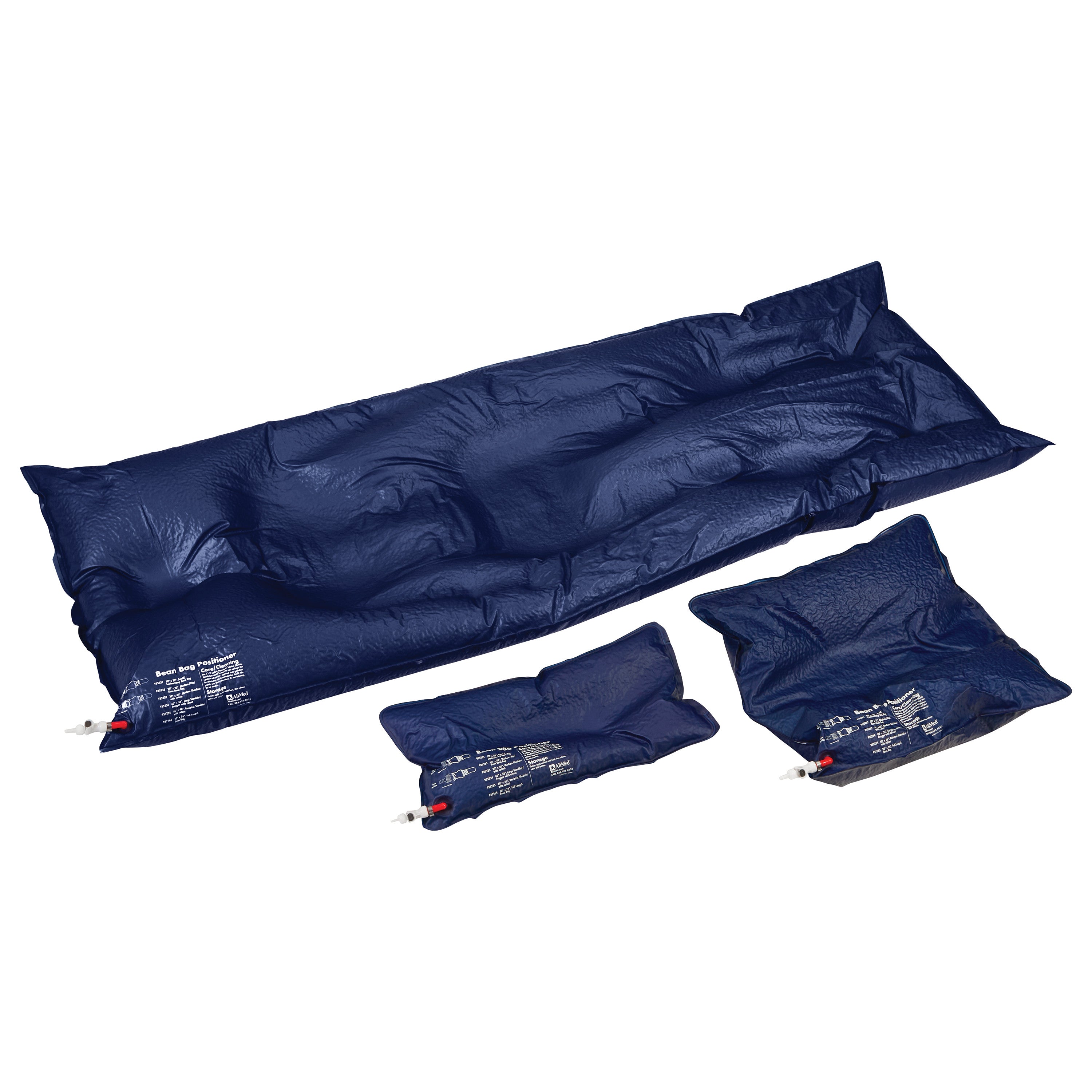 The AliMed Universal Bean Bag Positioner, a dark blue inflatable cushion set in various sizes used for medical support.