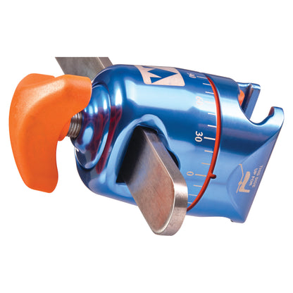 An AliMed FREEDOM Clark Socket Table Clamp, featuring a blue metallic body and an orange handle with measurement markings.
