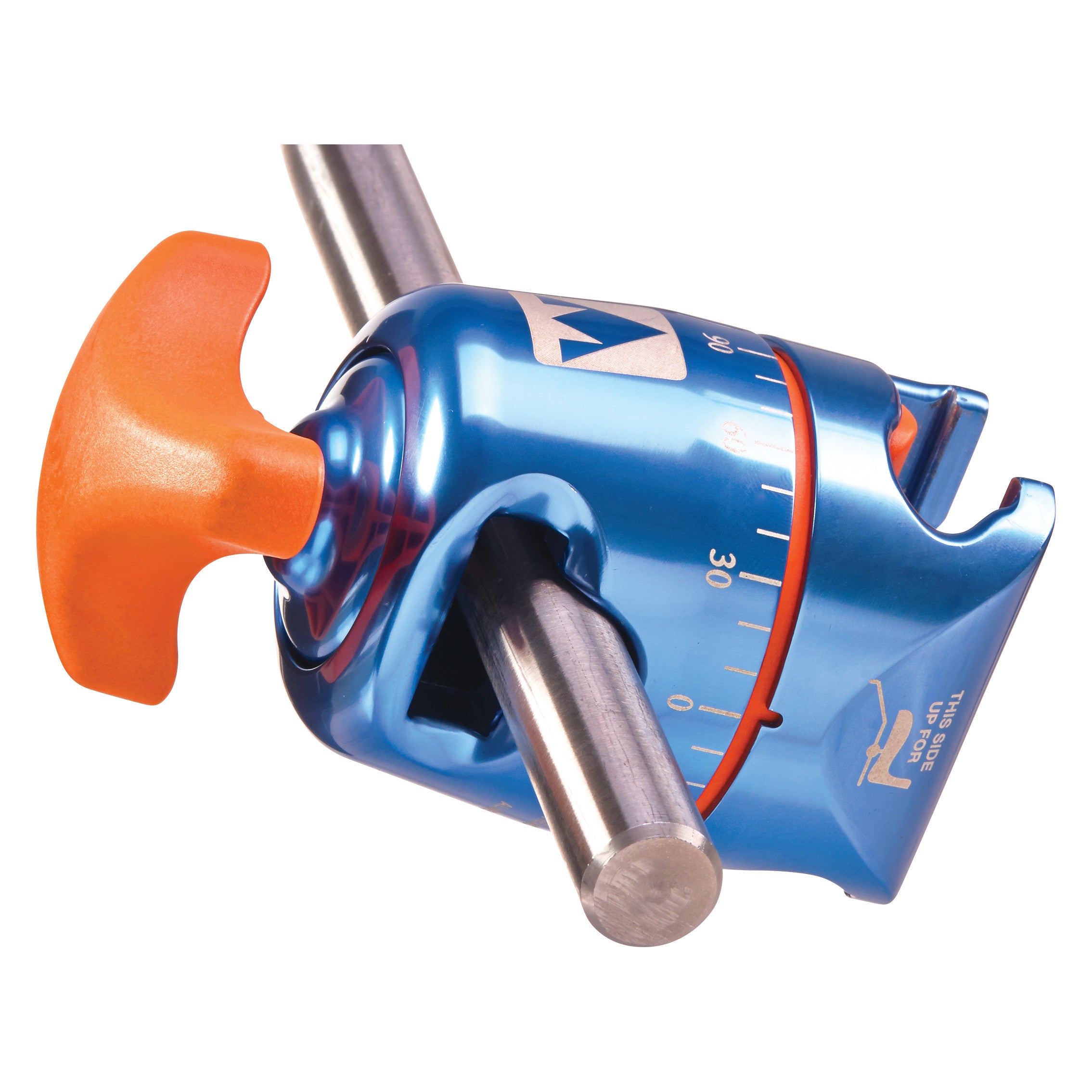 The AliMed FREEDOM Clark Socket Table Clamp in blue, with an orange handle, attached to metal rods.