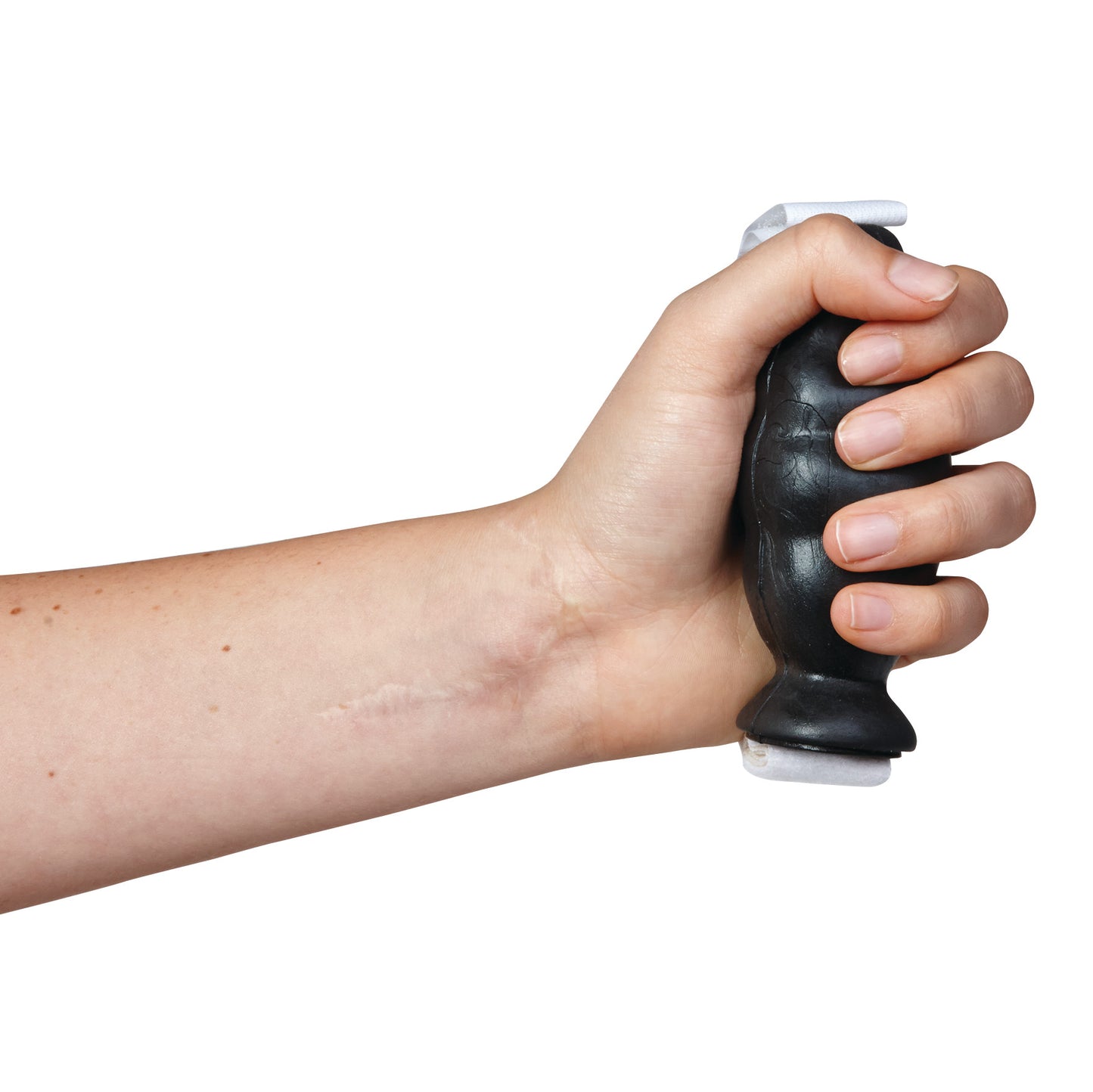 A hand grips the AliMed Swanson Hand Cone, a black therapeutic tool for preventing hand contractures, against a white background.
