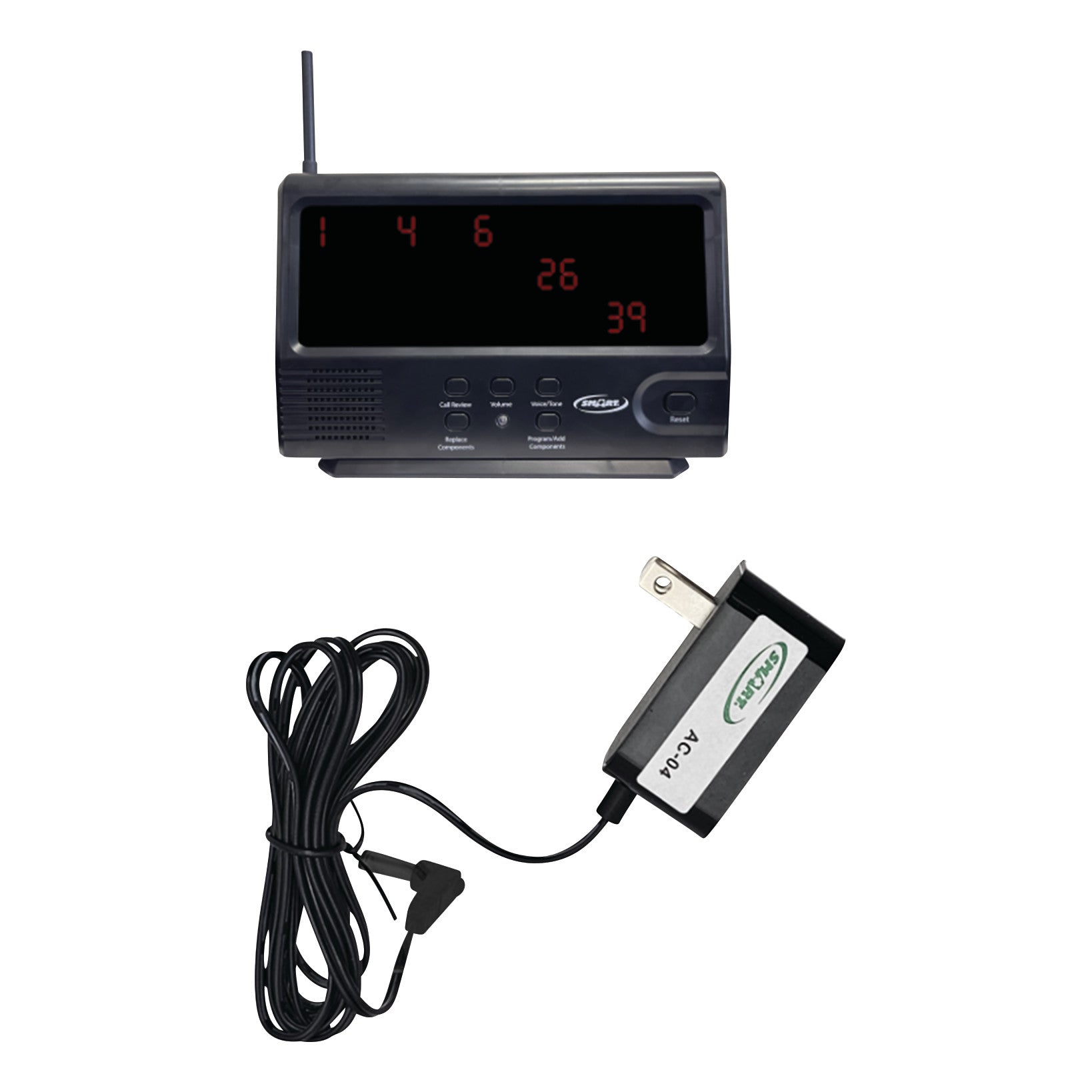 A Smart Caregiver Economy Central Monitor with a digital display, antenna, buttons, and a connected AC adapter plug.