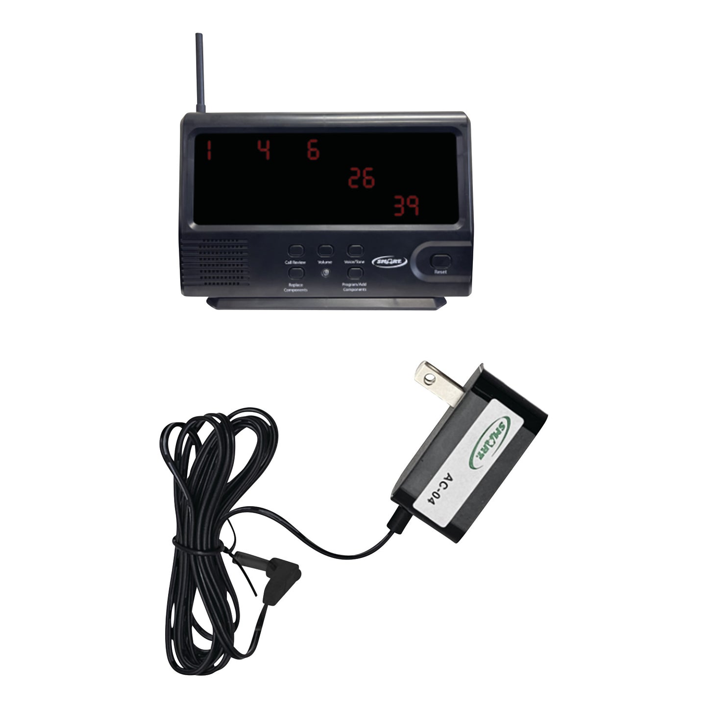 A Smart Caregiver Economy Central Monitor with a digital display, antenna, buttons, and a connected AC adapter plug.