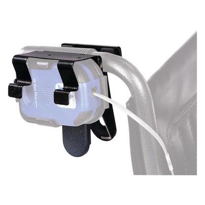 The AliMed Universal Alarm Clip Mount securely attached to the handle of a chair with a device clipped on it.