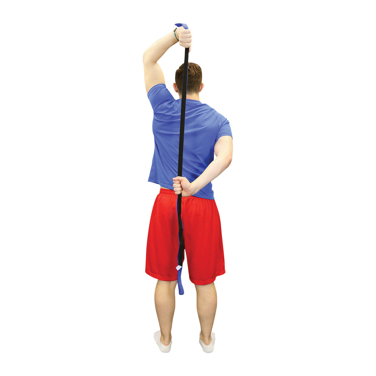 A person using a CanDo Dynamic Stretch Strap behind their back to stretch, wearing a blue shirt and red shorts.