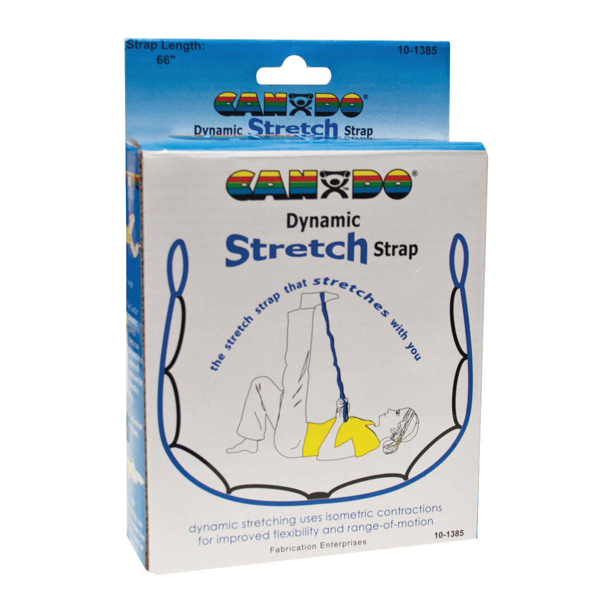 A product box labeled "CanDo Dynamic Stretch Strap" featuring an illustration of a person stretching with the strap.