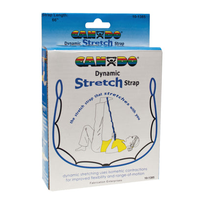 A product box labeled "CanDo Dynamic Stretch Strap" featuring an illustration of a person stretching with the strap.