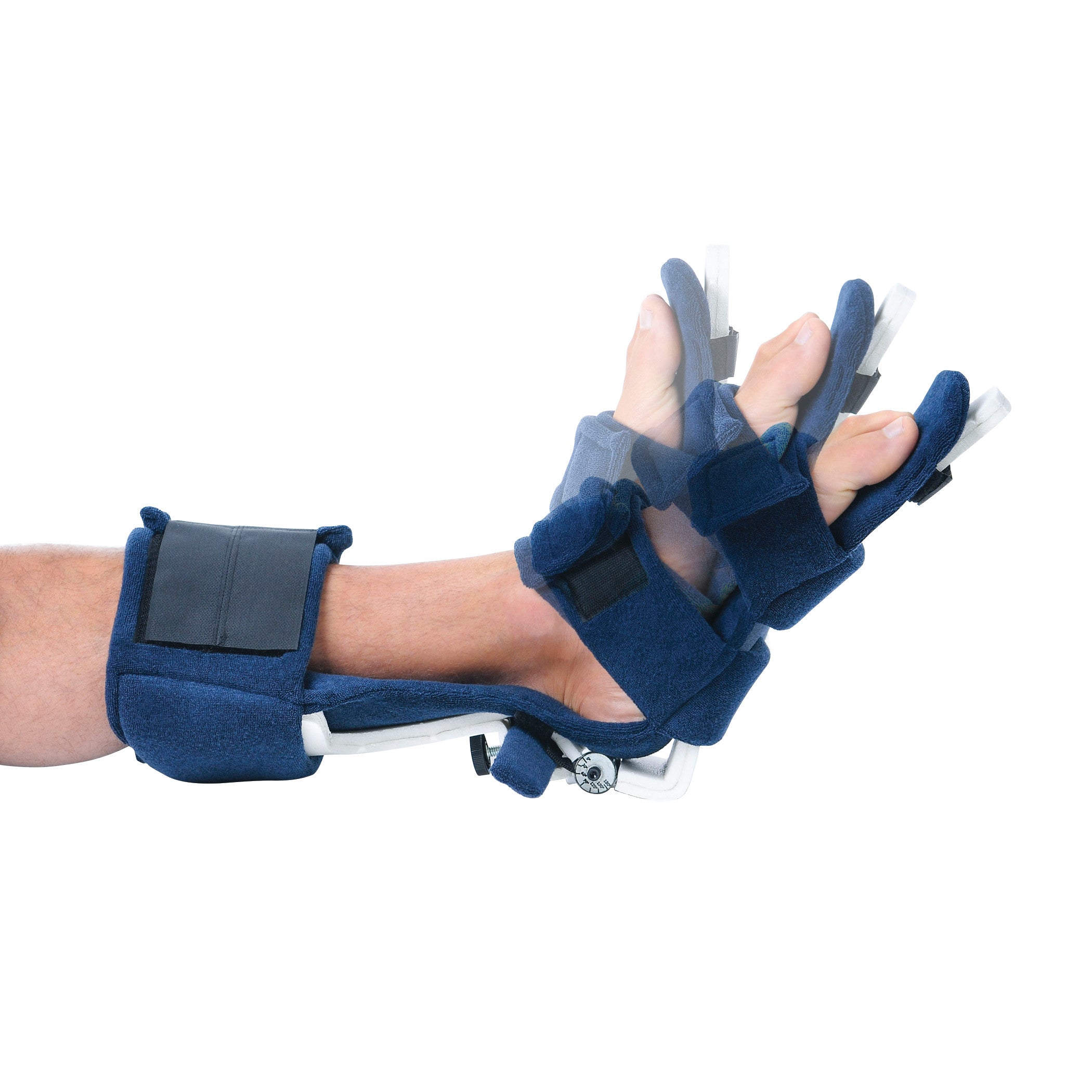 A person's hand wears the "Comfy Splints Adult Spring-Loaded Goniometer Ankle/Foot Orthosis," featuring adjustable blue straps.