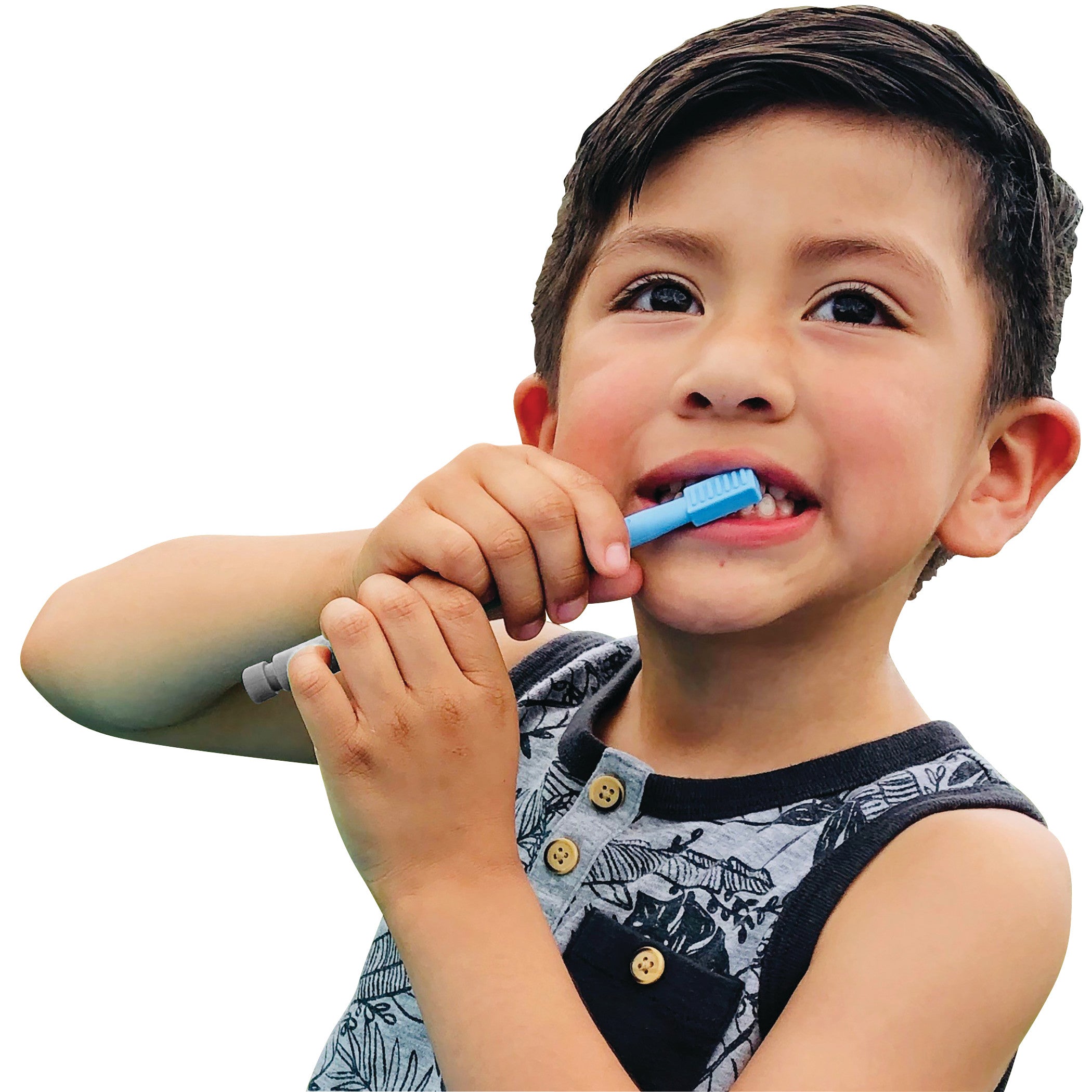 A child brushes their teeth with the ARK Z-Vibe Vibrating Oral Motor Tool, which has a blue handle and a buttoned shirt.