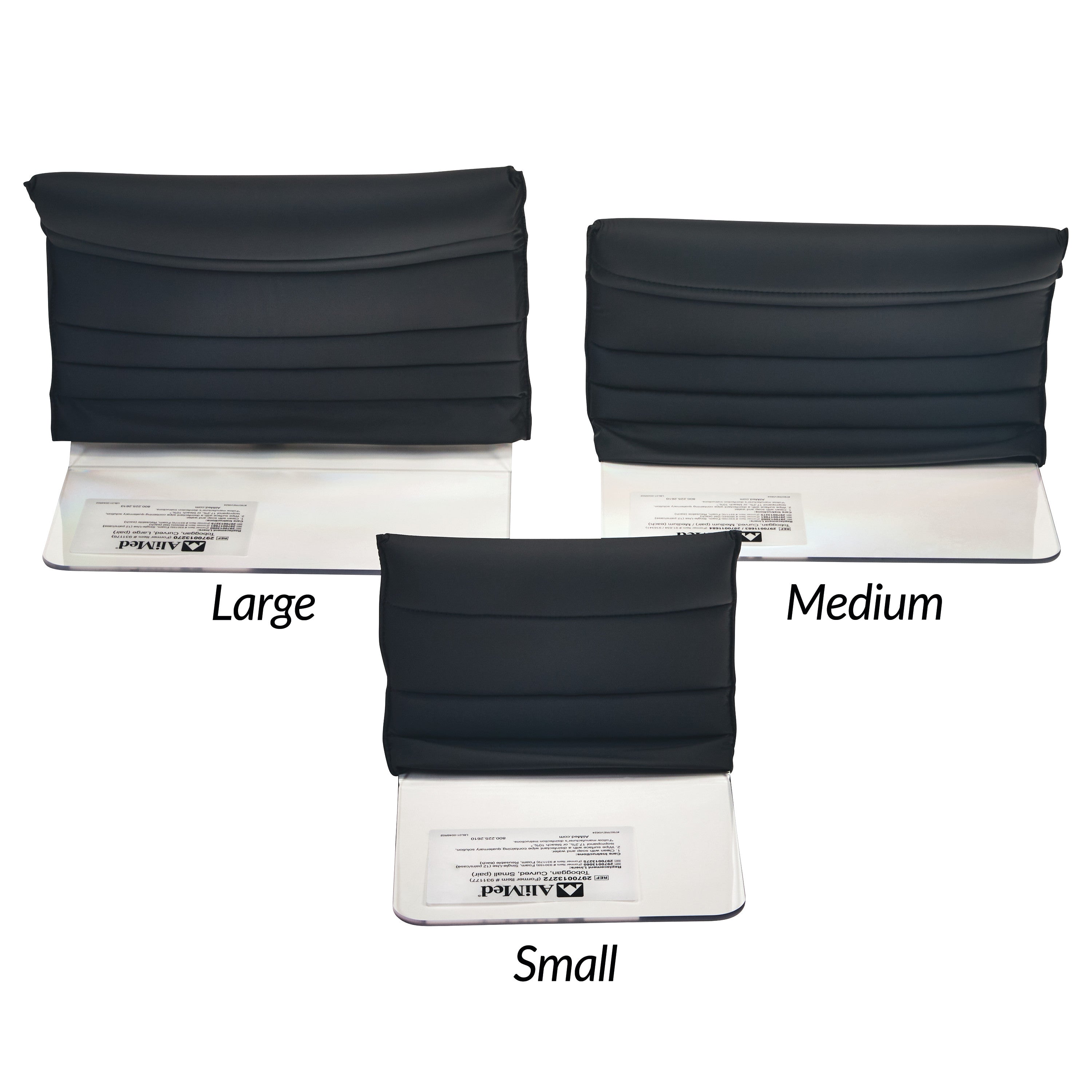 Three AliMed Padded Toboggan Covers in small, medium, and large sizes are displayed, featuring black padded sections on white bases.
