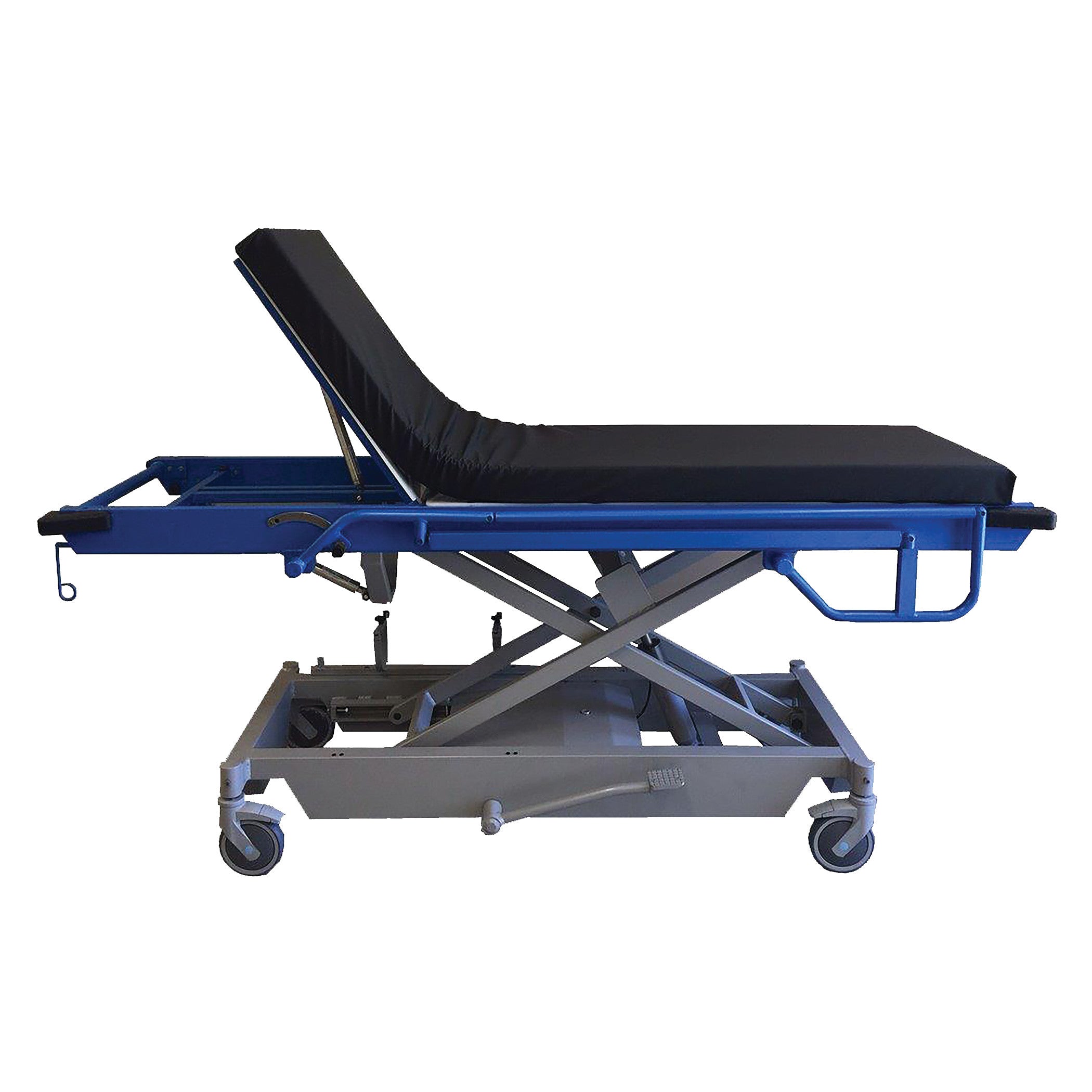 An MRI Adjustable-Height Stretcher with a black cushioned surface and a blue frame, featuring wheels for mobility.