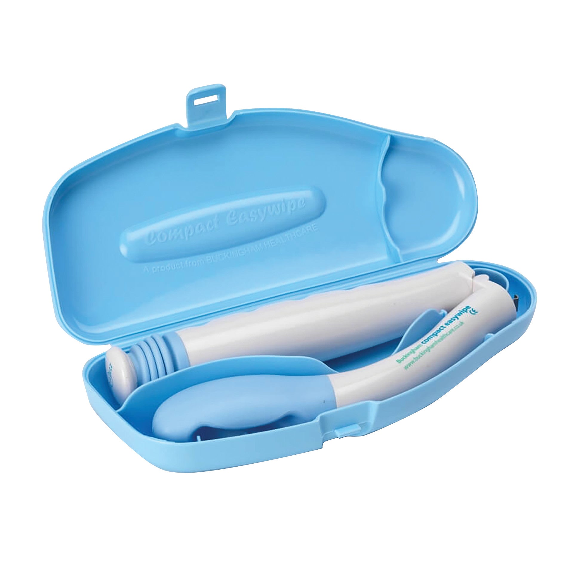 A Buckingham Easywipe Bottom Wiper in a blue plastic case, designed for personal hygiene assistance.