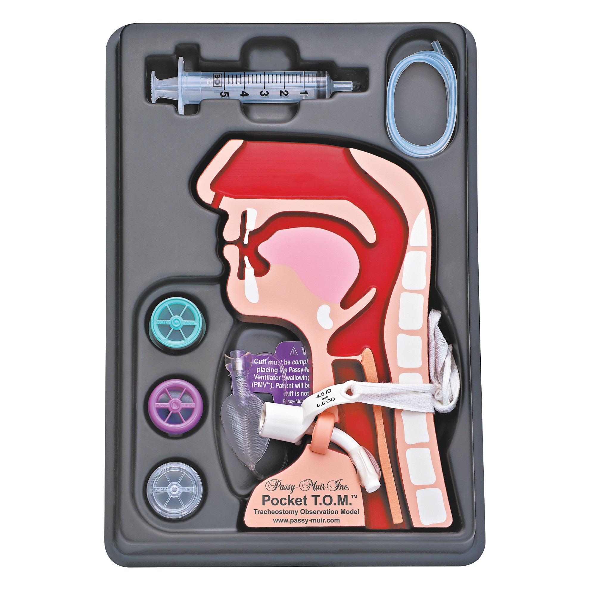 A Passy Muir Pocket Tracheostomy T.O.M. model. It includes a tracheostomy observation model, syringe, tubing, and parts.