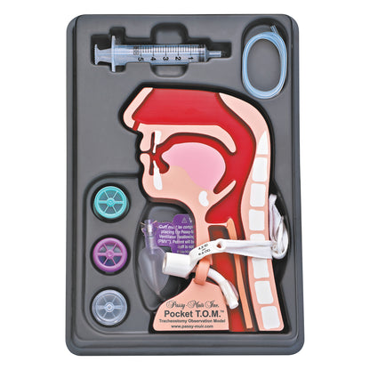 A Passy Muir Pocket Tracheostomy T.O.M. model. It includes a tracheostomy observation model, syringe, tubing, and parts.