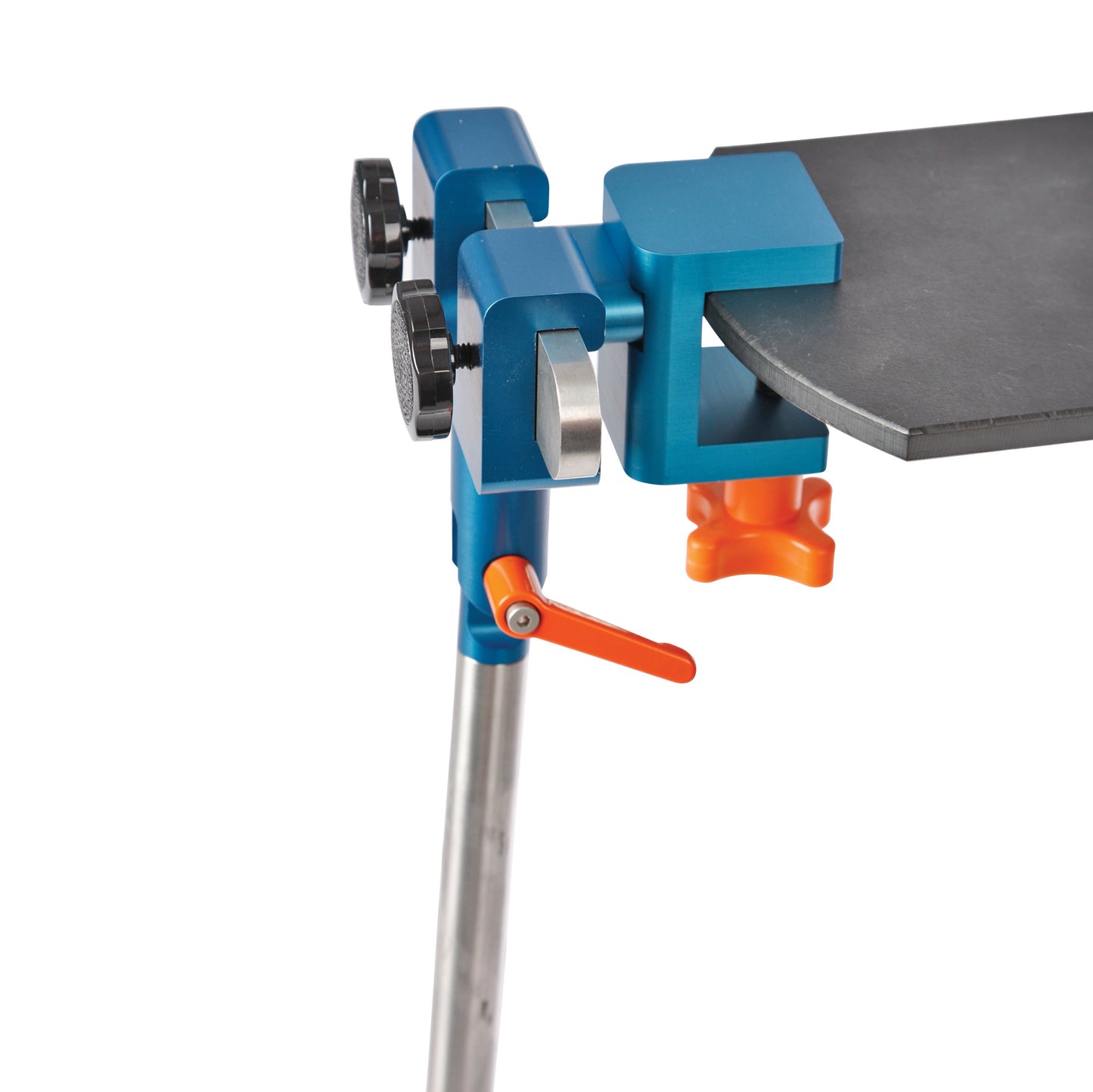 An Attachable Hand Table Leg with a blue clamp, orange lever, and adjustable knobs securing it to a flat surface.