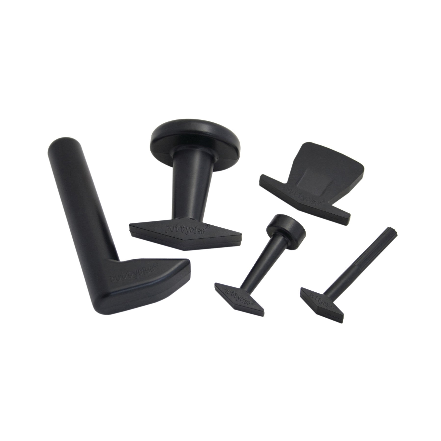 The Puttycise Tool Set, featuring five black therapy putty tools of various shapes and sizes, used for hand exercises.