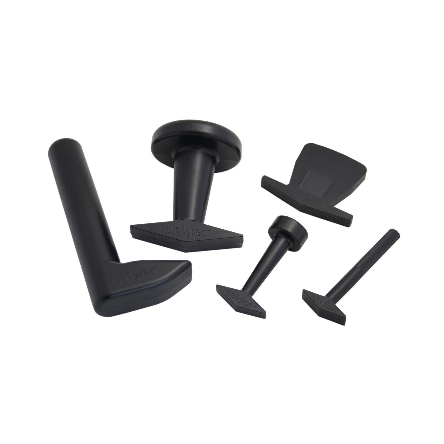 The Puttycise Tool Set, featuring five black therapy putty tools of various shapes and sizes, used for hand exercises.