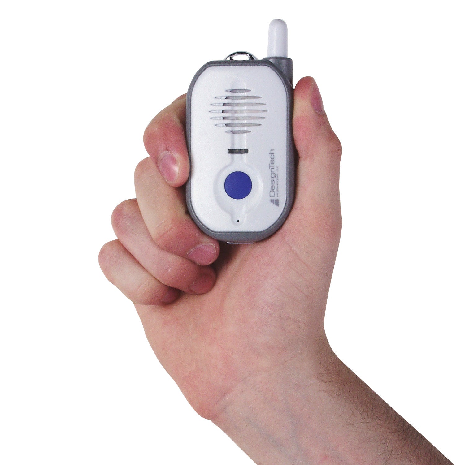 Hand holding a Guardian 911 device with a white body, blue button, and antenna.