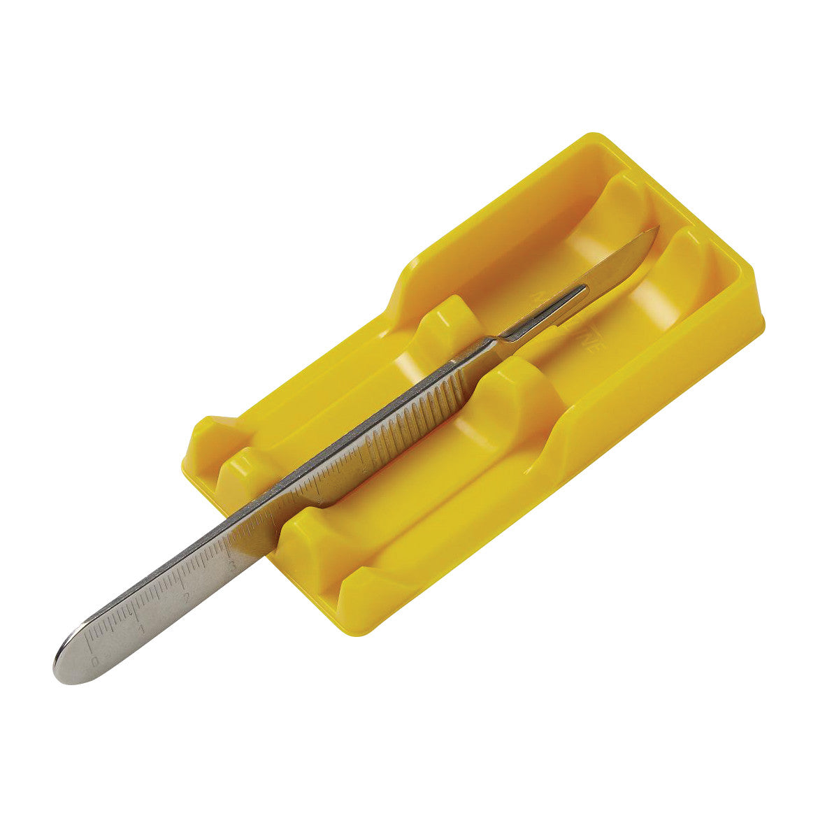 A metal scalpel rests in a yellow Scalpel Holder with grooves for secure placement.