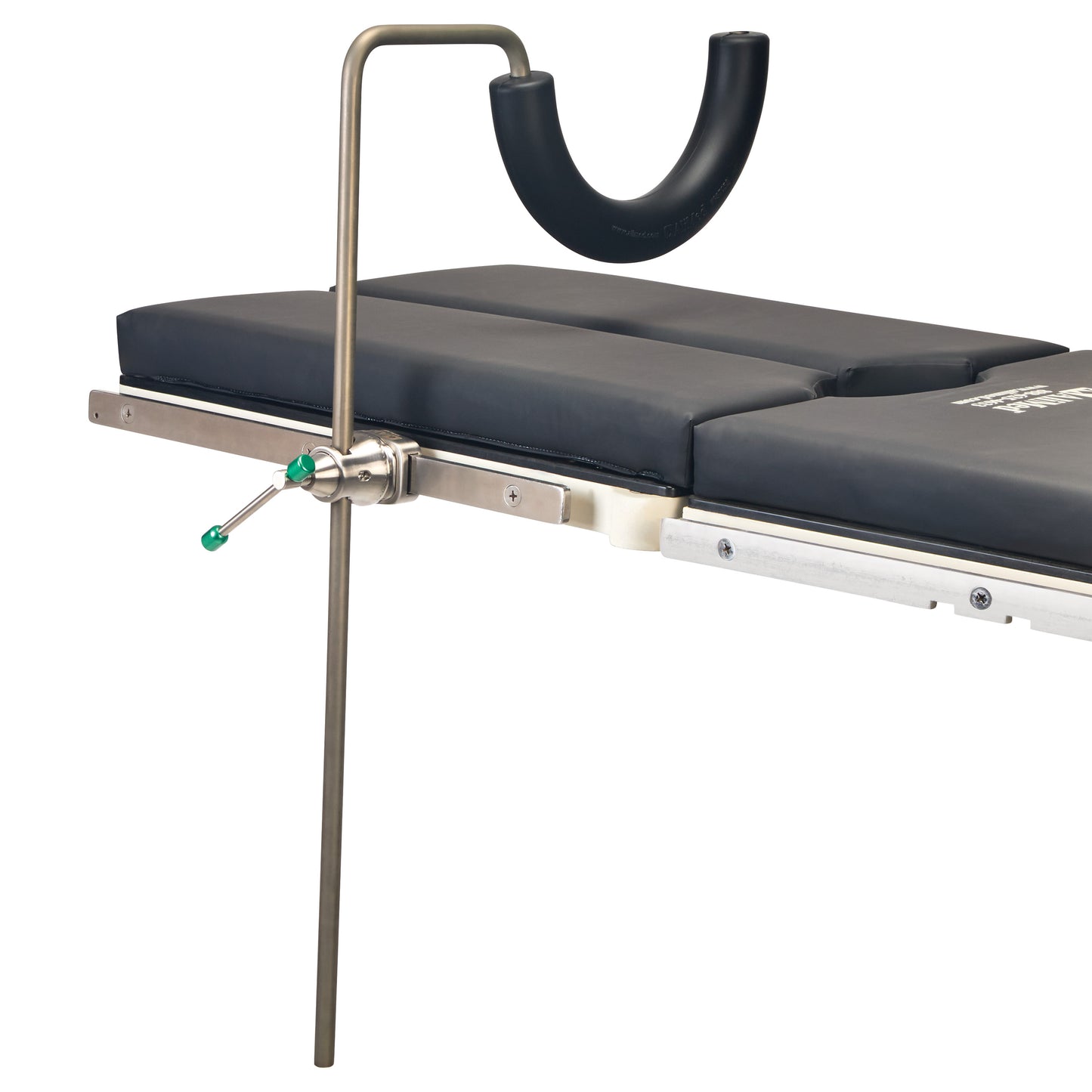 AliMed Single-Leg Prepper, a stainless steel medical device, attached to a padded surface for leg positioning during procedures.