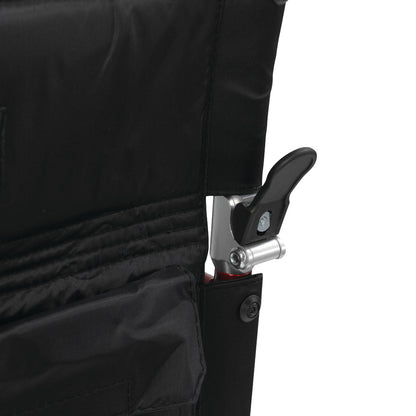 Close-up of the locking mechanism and fabric of a Drive Medical Fly-Lite Aluminum Transport Chair, featuring a black folding seat.