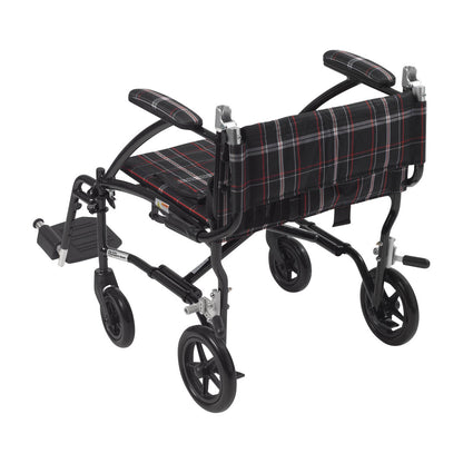 A Drive Medical Fly-Lite Aluminum Transport Chair. It features a lightweight frame and a plaid-patterned seat and backrest.