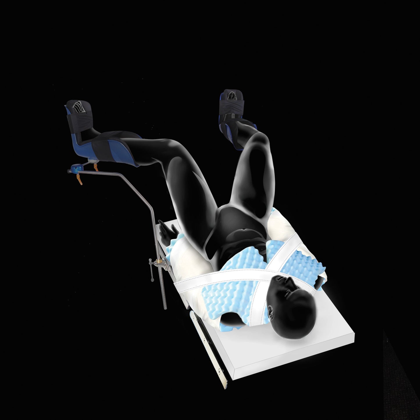 The AliMed Trendelenburg Stabilizer secures a mannequin in a tilted position on a medical table with straps and blue padding.