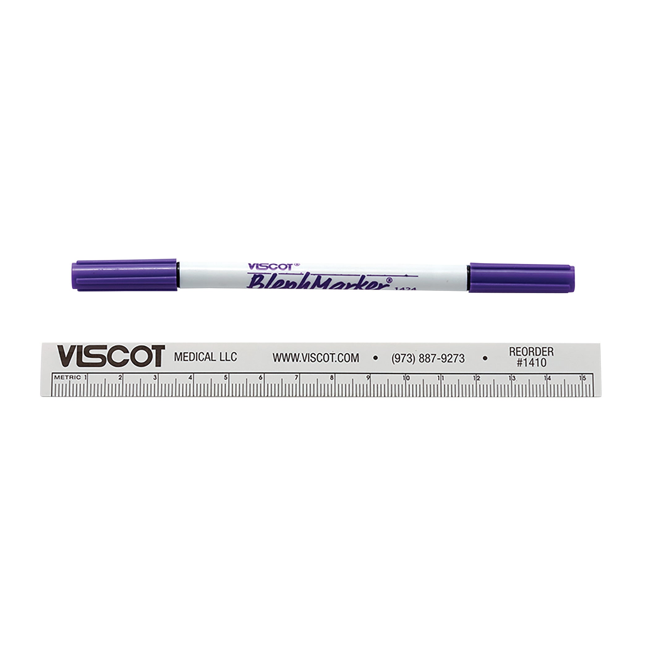 A Viscot Blephmarker Surgical Marker with purple caps is shown alongside a Viscot-branded ruler for reference.
