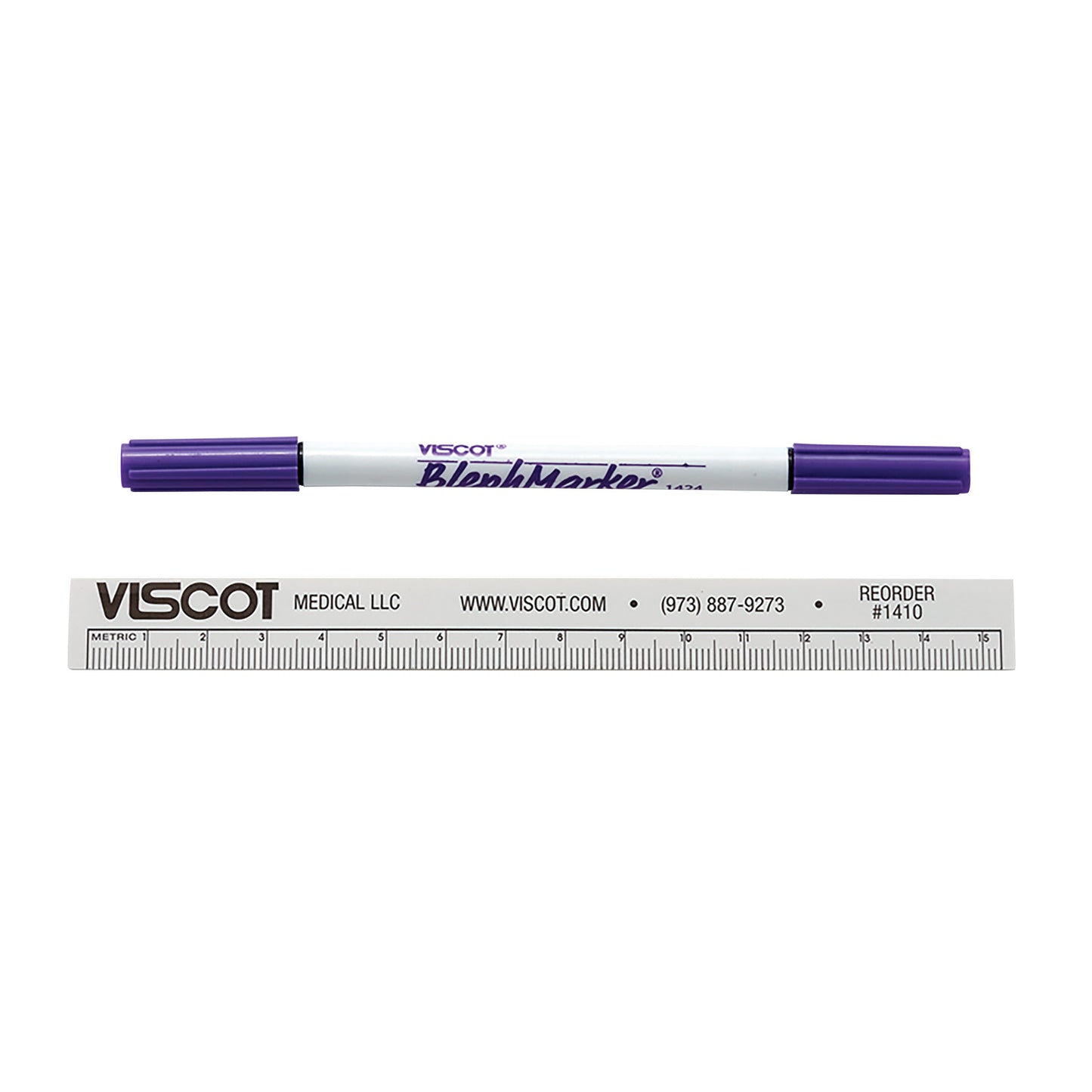 A Viscot Blephmarker Surgical Marker with purple caps is shown alongside a Viscot-branded ruler for reference.