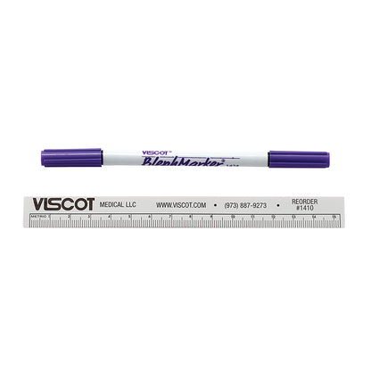 A Viscot Blephmarker Surgical Marker with purple caps is shown alongside a Viscot-branded ruler for reference.