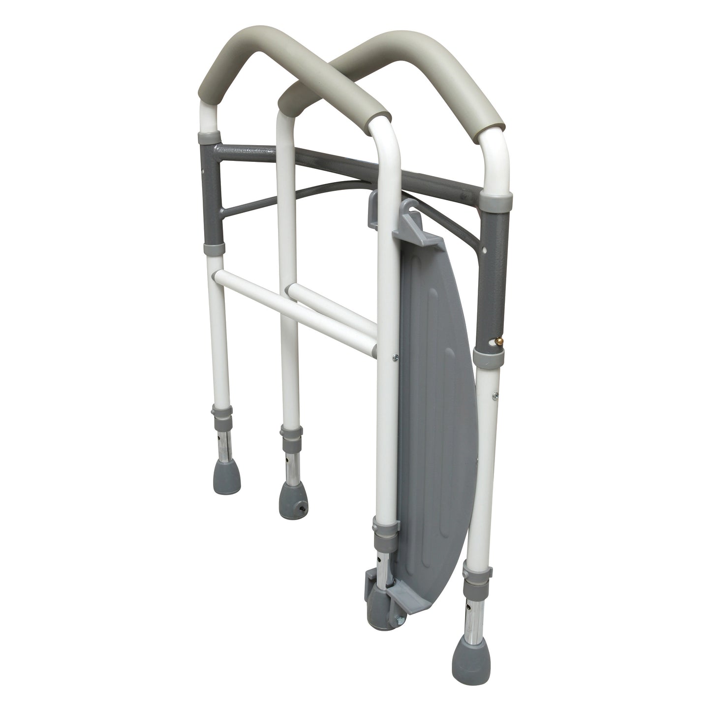 The Buckingham Foldeasy Portable Toilet Safety Frame with white metal frame and grey grips, designed for stability.