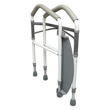 The Buckingham Foldeasy Portable Toilet Safety Frame with white metal frame and grey grips, designed for stability.